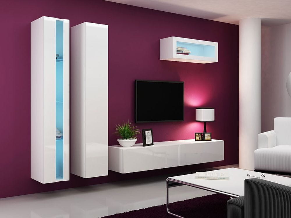 Veneti Stena do obývacej izby s LED modrým osvetlením ASHTON N2 - biela / lesklá biela